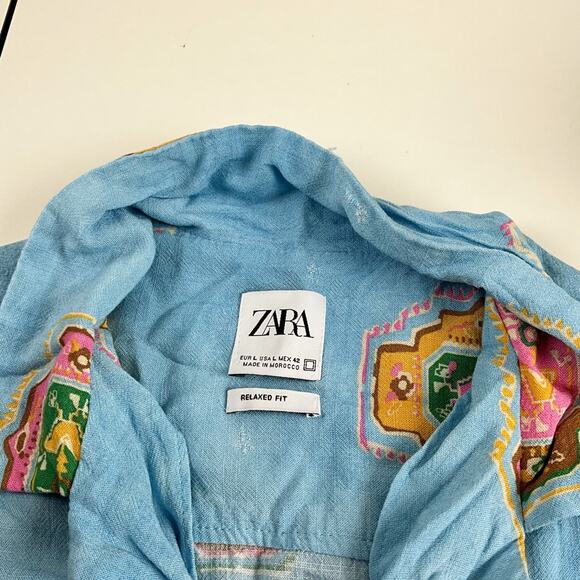 Zara Colorful Print Relaxed Fit Short SLeeve Blue Textured Button Shirt Sz L - Picture 7 of 9